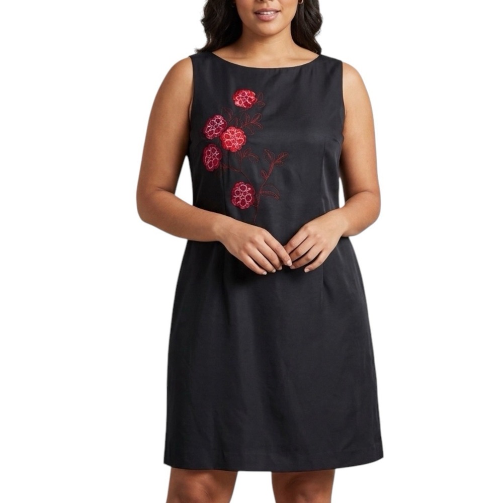 JENNIFER EDEN Sheath Dress sz 16 Black w/ Red Flowers Sleeveless Business Casual